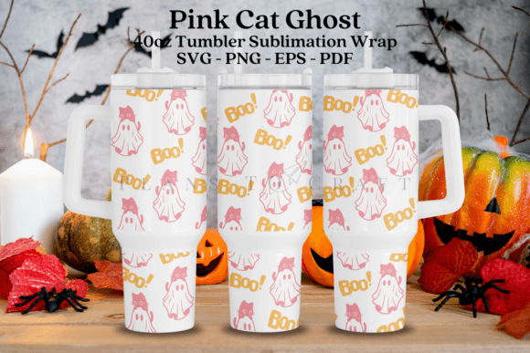 Pink Cat Ghost Halloween 40oz Tumbler